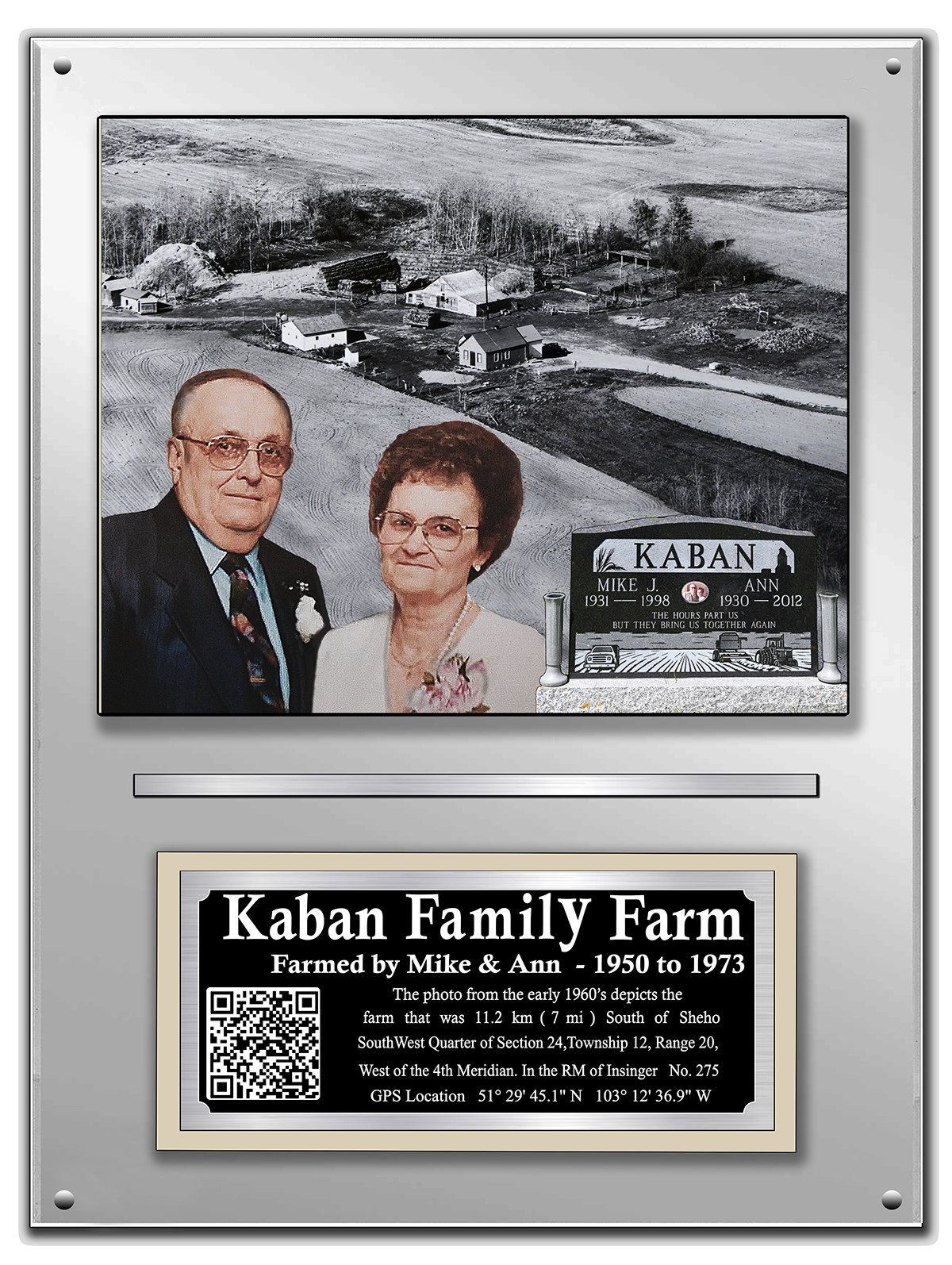 Kaban Family Farm historical display and engraved plaque